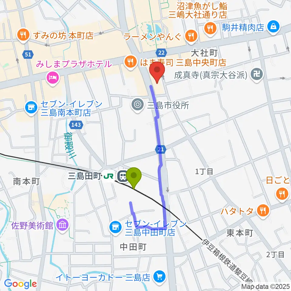 ボイス・キューの最寄駅三島田町駅からの徒歩ルート（約6分）地図