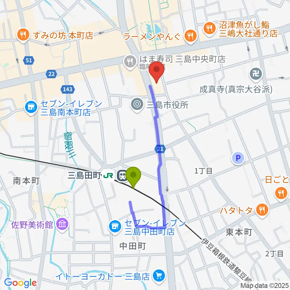 ボイス・キューの最寄駅三島田町駅からの徒歩ルート（約6分）地図