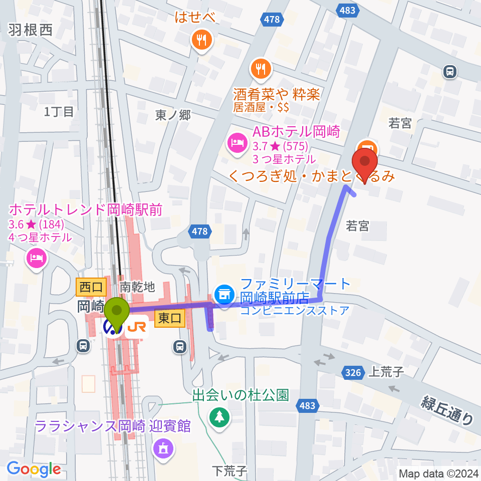 エフエムEGAOの最寄駅岡崎駅からの徒歩ルート（約5分）地図