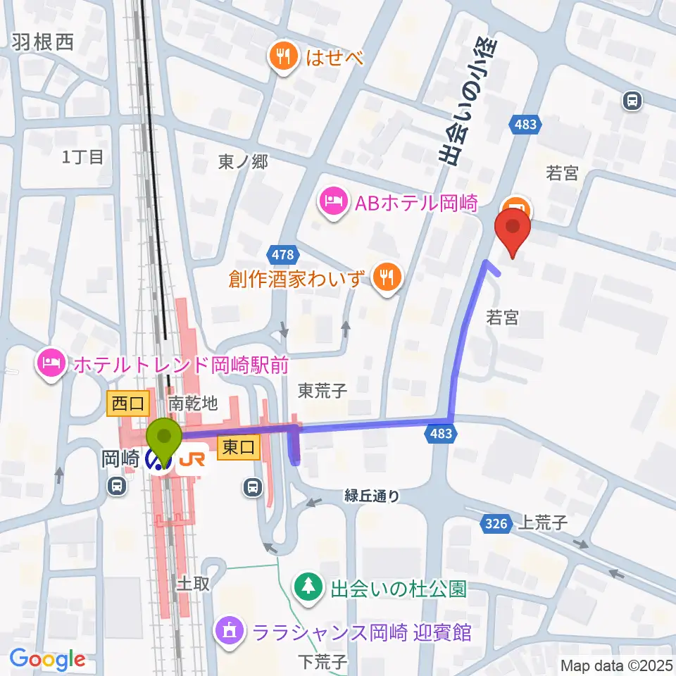 エフエムEGAOの最寄駅岡崎駅からの徒歩ルート（約5分）地図