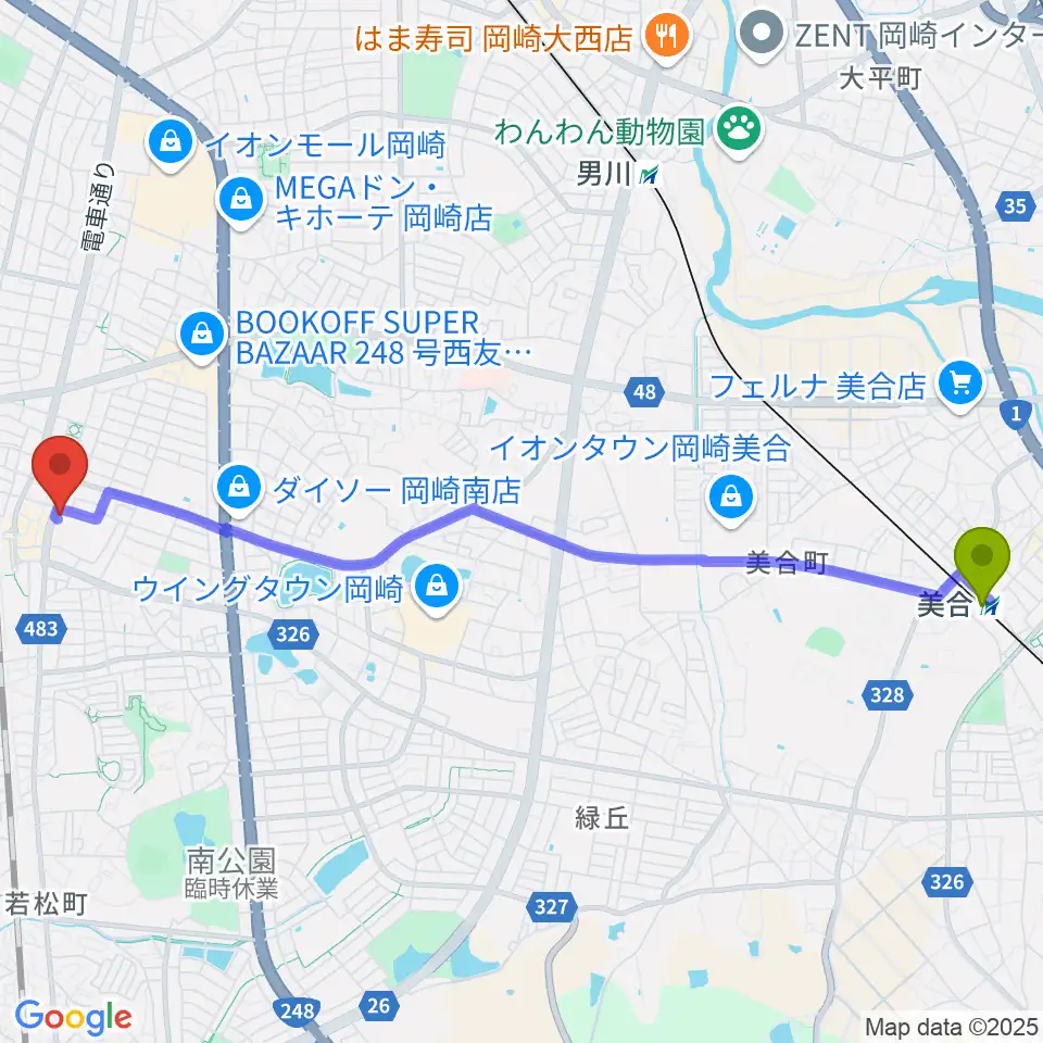 美合駅からエフエムEGAOへのルートマップ地図