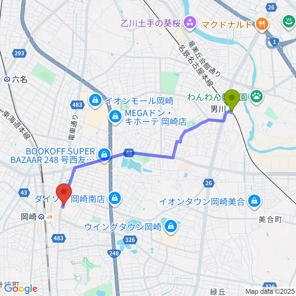 男川駅からエフエムEGAOへのルートマップ地図