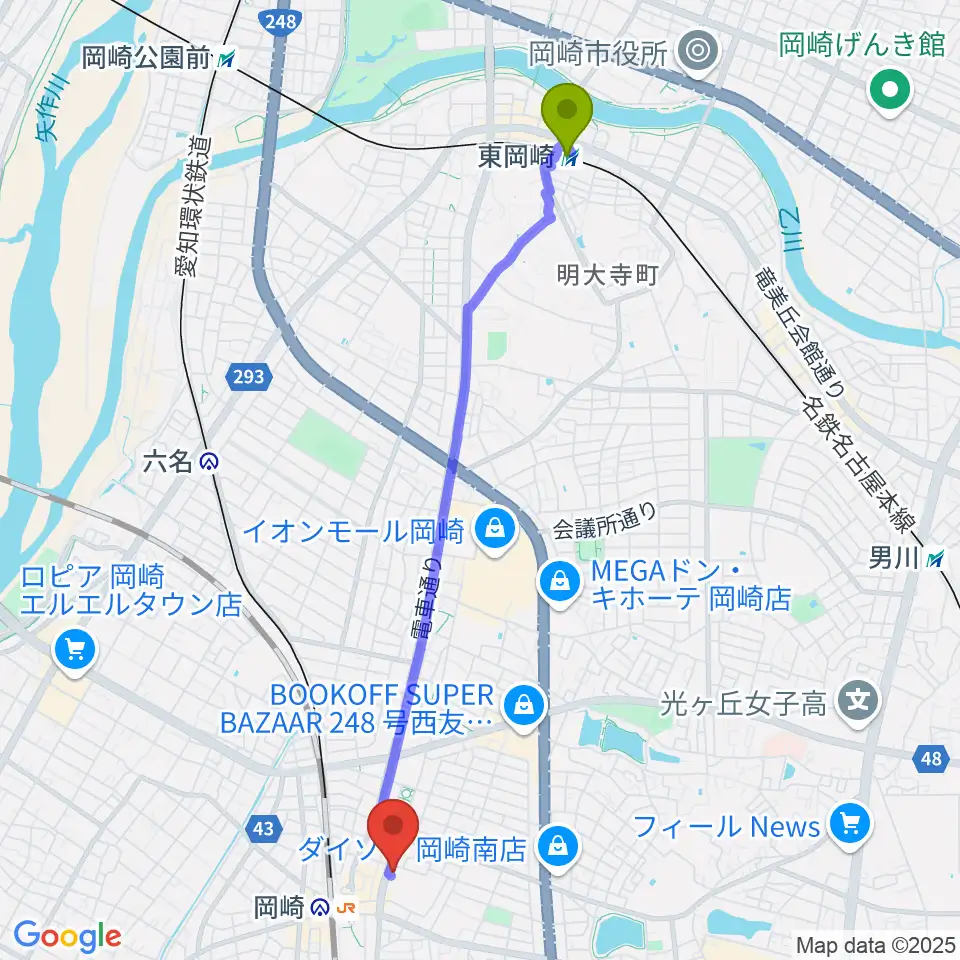東岡崎駅からエフエムEGAOへのルートマップ地図