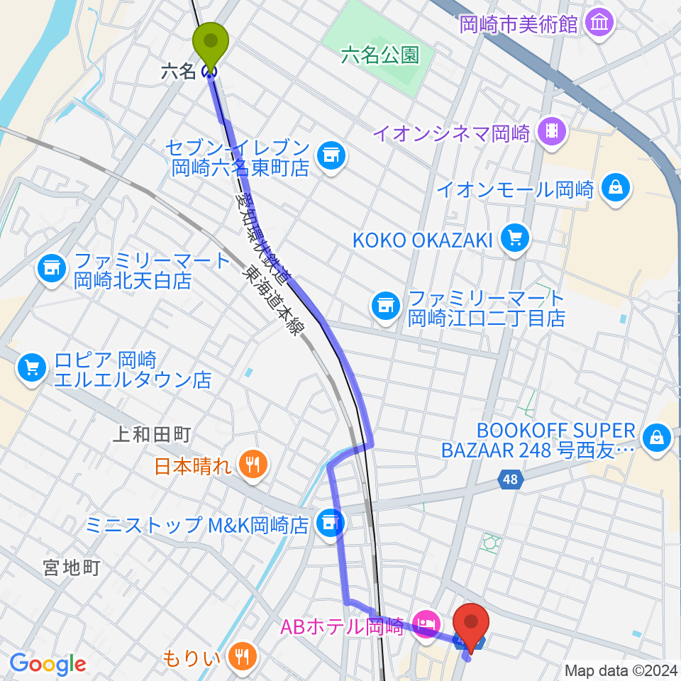 六名駅からエフエムEGAOへのルートマップ地図