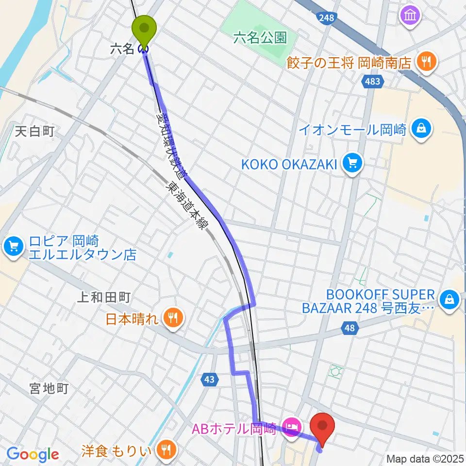 六名駅からエフエムEGAOへのルートマップ地図
