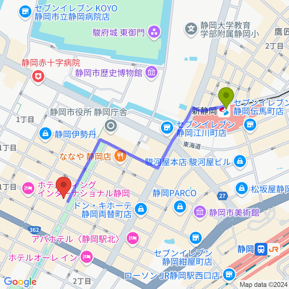 シティエフエム静岡 FM-Hiの最寄駅新静岡駅からの徒歩ルート（約10分）地図