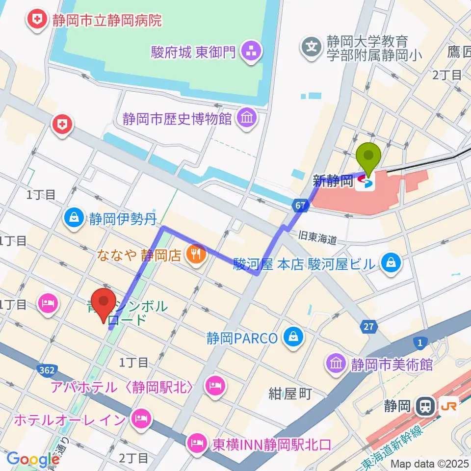 シティエフエム静岡 FM-Hiの最寄駅新静岡駅からの徒歩ルート（約10分）地図