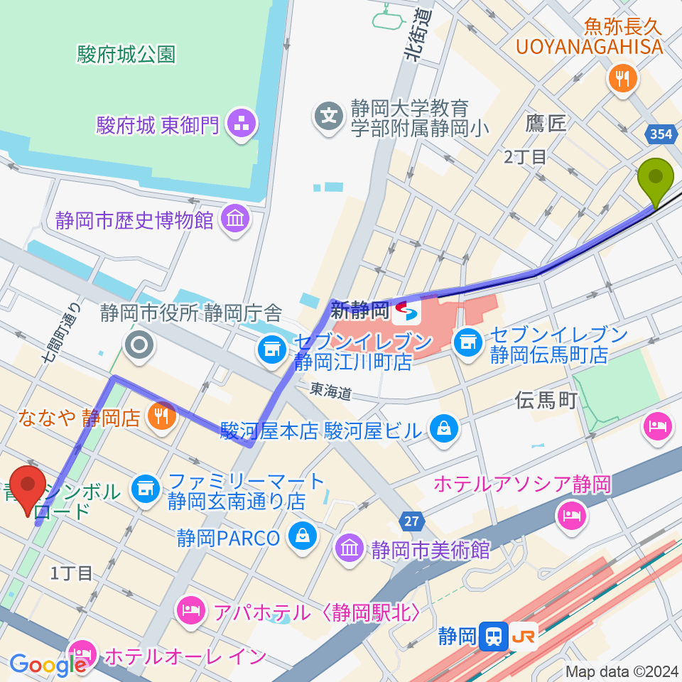 日吉町駅からシティエフエム静岡 FM-Hiへのルートマップ地図