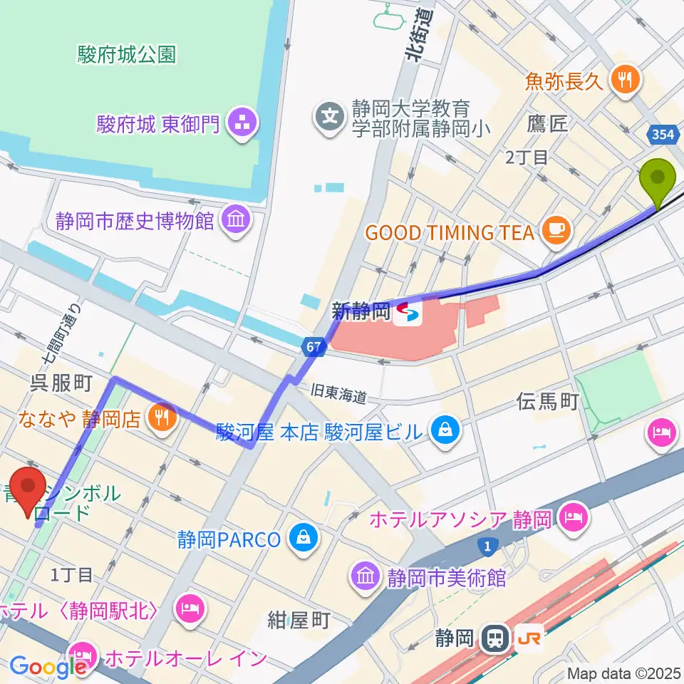 日吉町駅からシティエフエム静岡 FM-Hiへのルートマップ地図