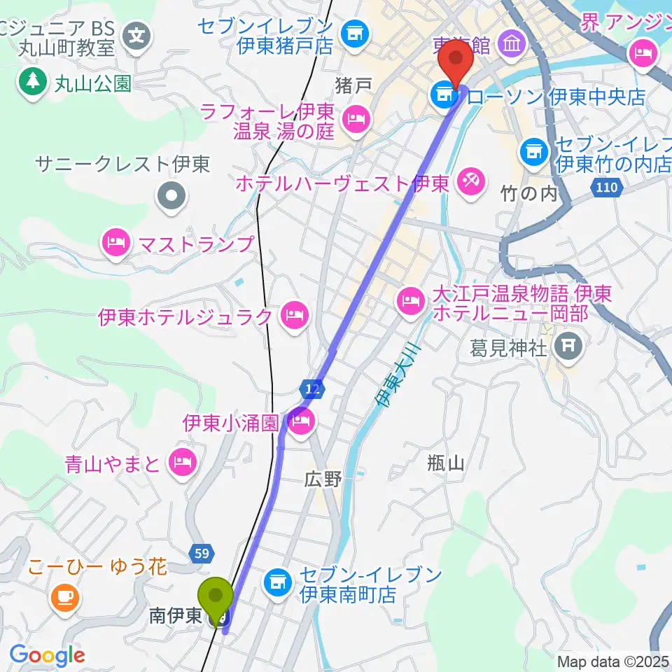 南伊東駅からエフエム伊東なぎさステーションへのルートマップ地図