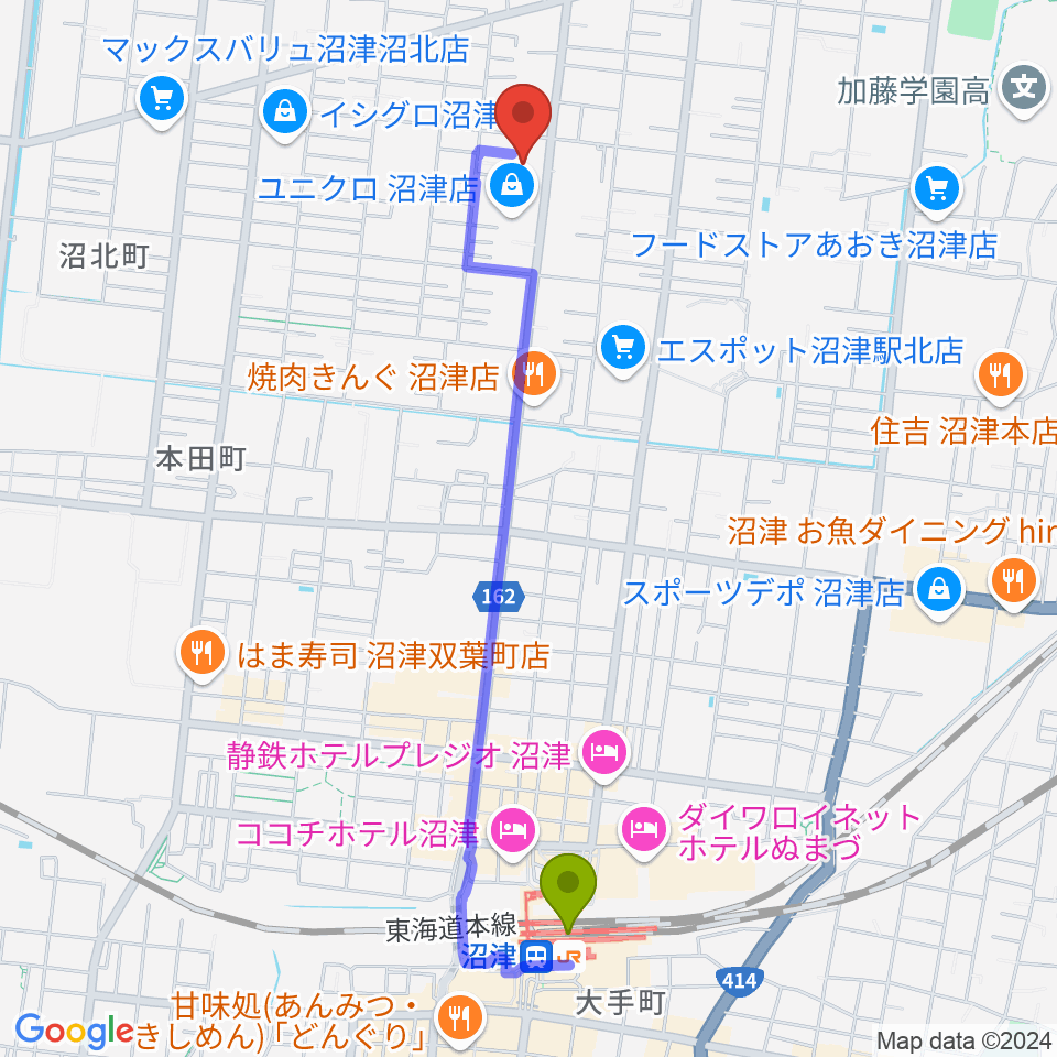 沼津コーストエフエムの最寄駅沼津駅からの徒歩ルート（約23分）地図