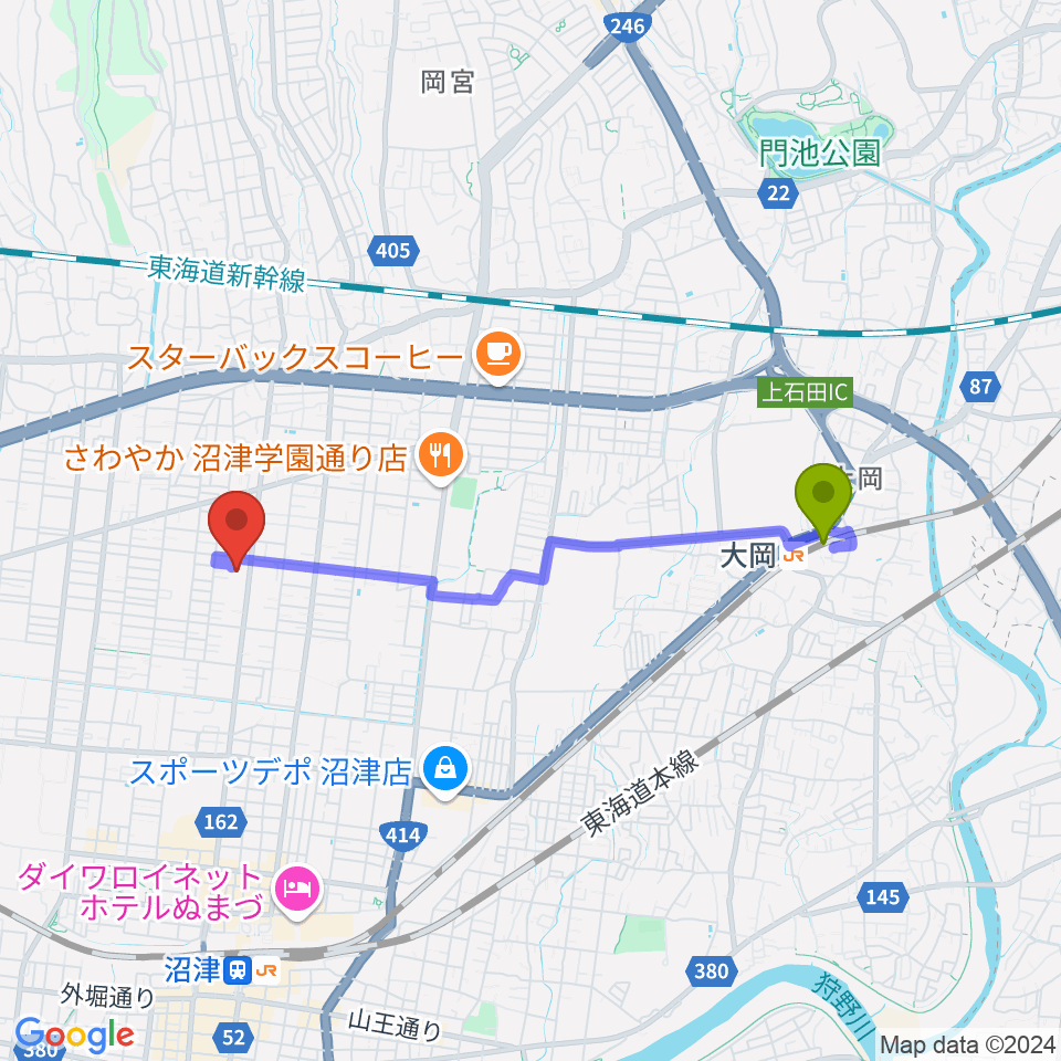 大岡駅から沼津コーストエフエムへのルートマップ地図