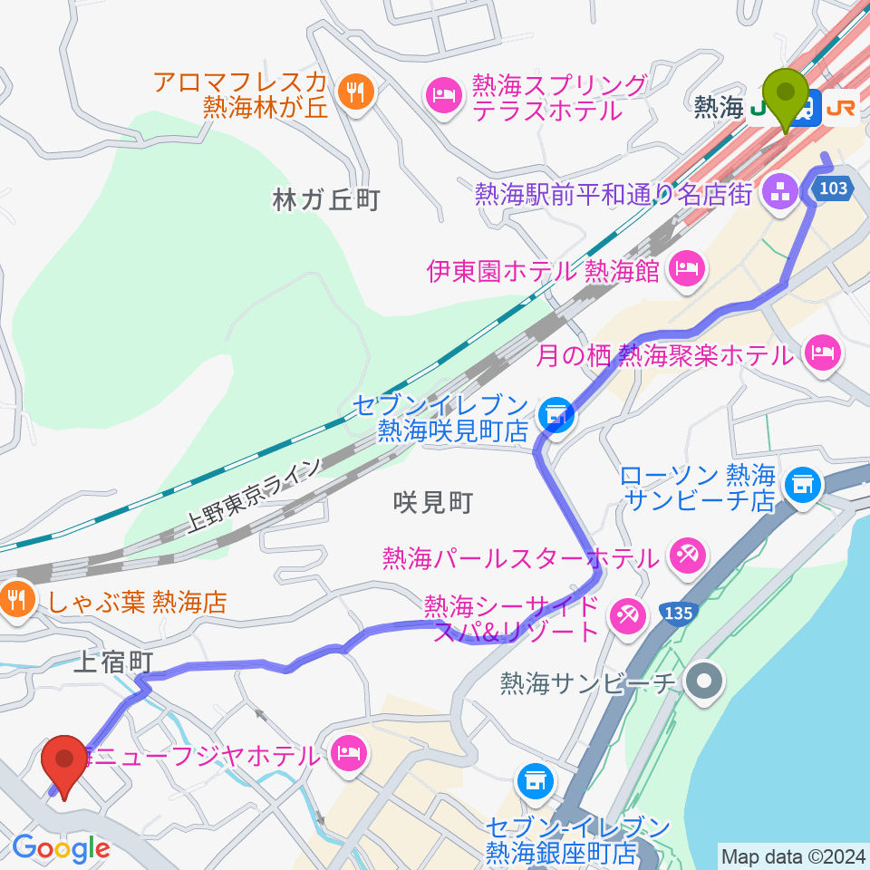 熱海駅からエフエム熱海湯河原 Ciao!へのルートマップ地図