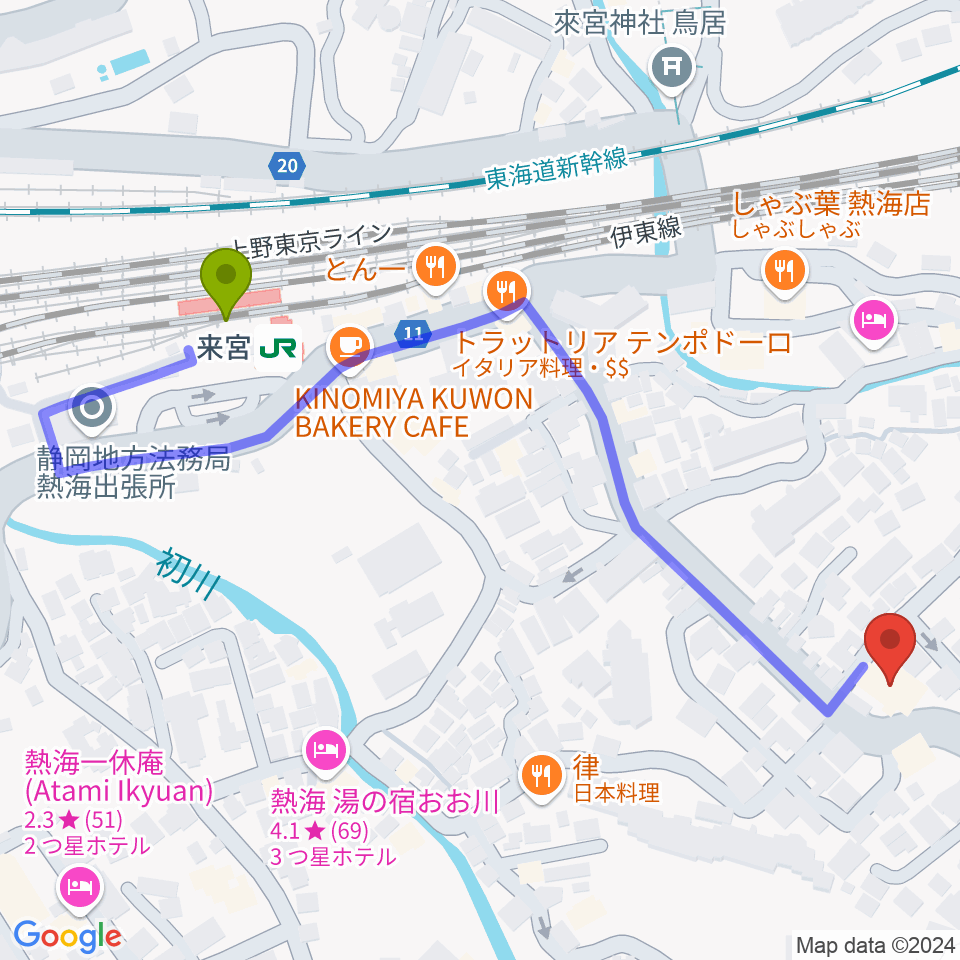 エフエム熱海湯河原 Ciao!の最寄駅来宮駅からの徒歩ルート（約6分）地図