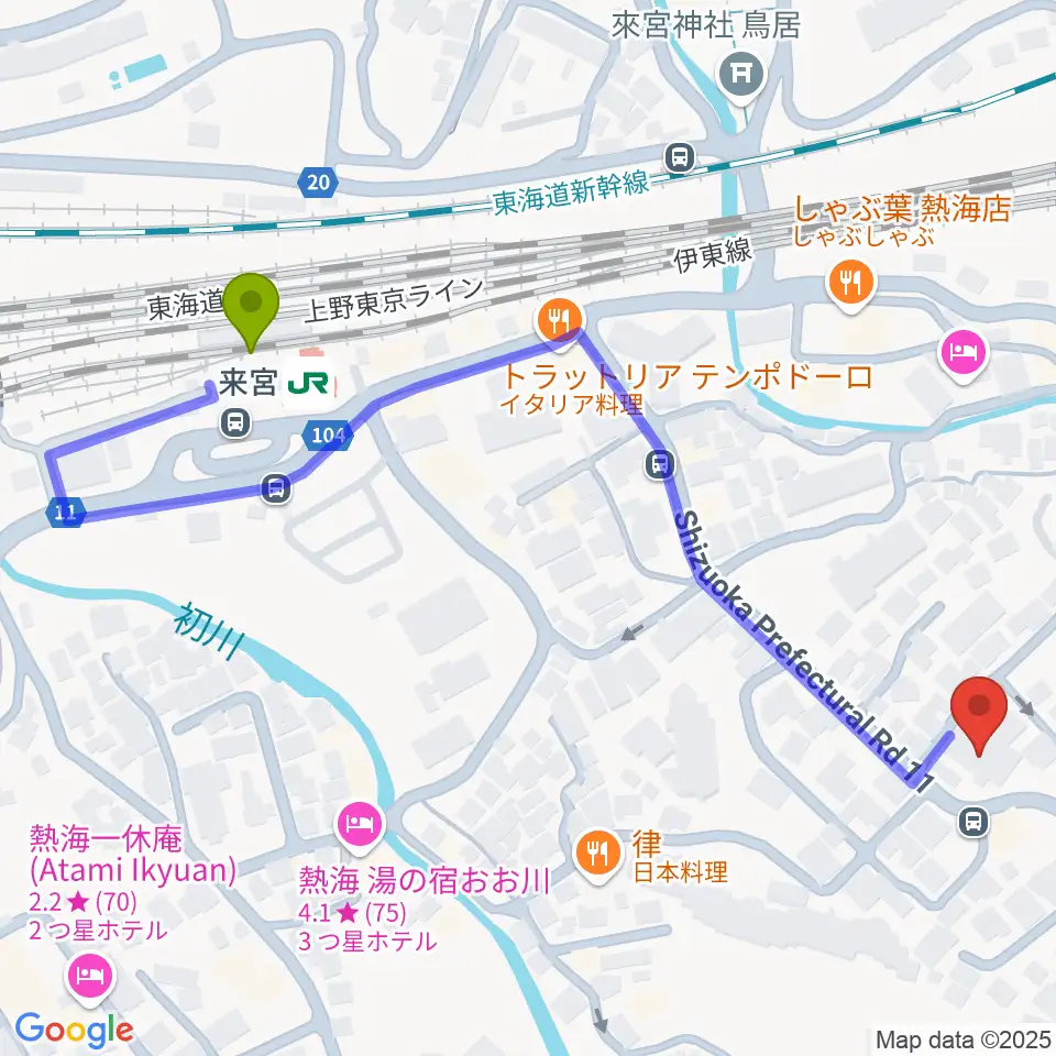 エフエム熱海湯河原 Ciao!の最寄駅来宮駅からの徒歩ルート（約6分）地図