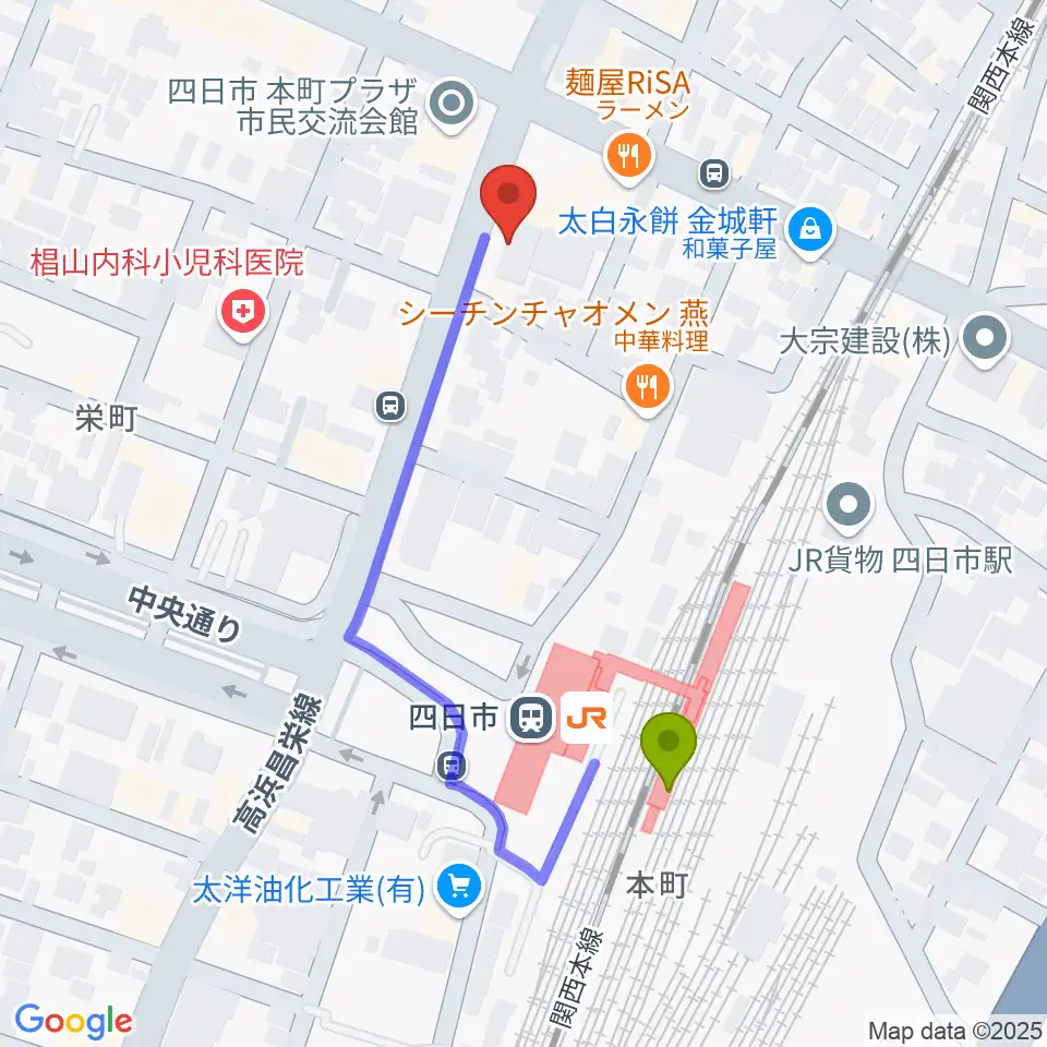 CTY-FMの最寄駅四日市駅からの徒歩ルート（約4分）地図