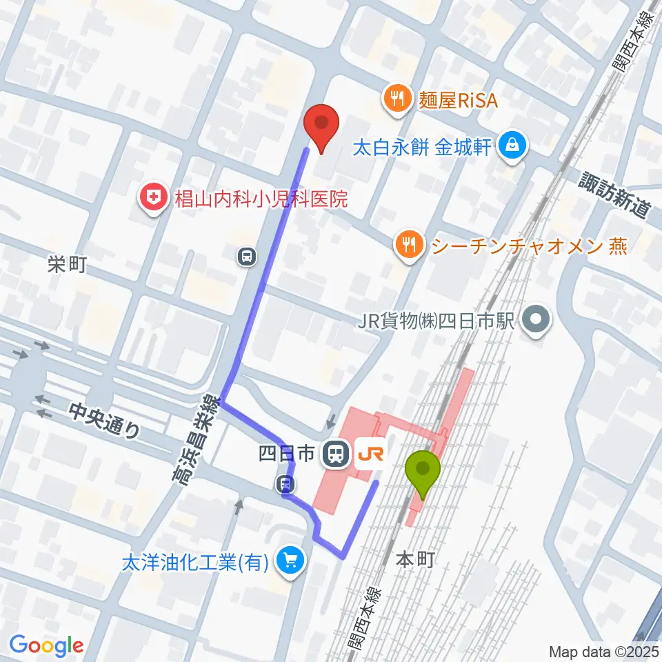 CTY-FMの最寄駅四日市駅からの徒歩ルート（約4分）地図