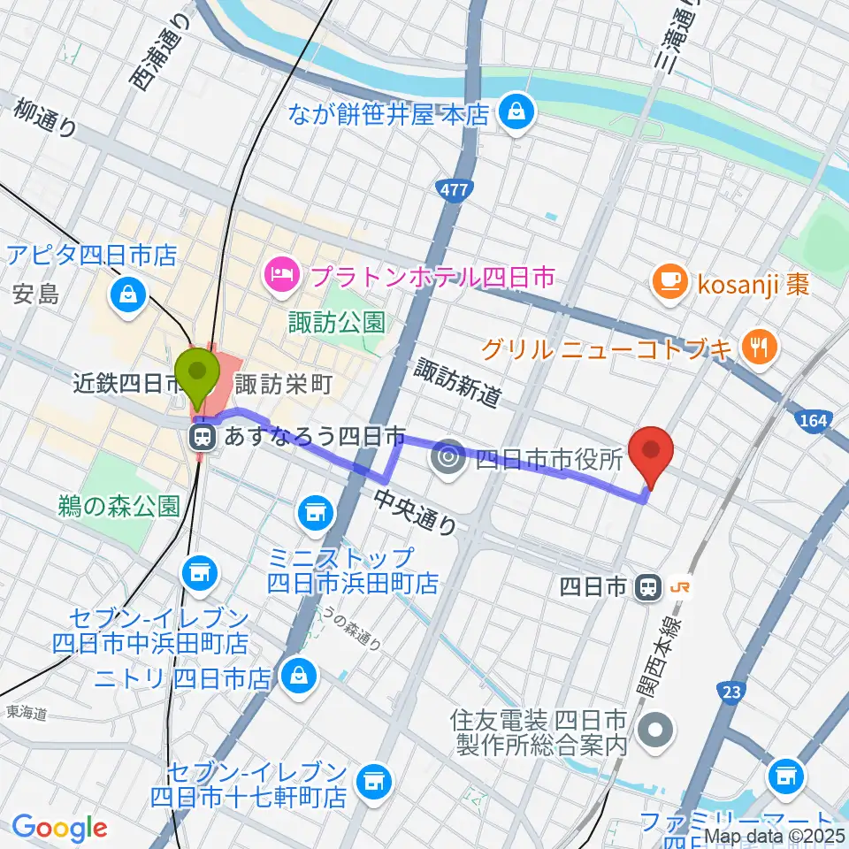 近鉄四日市駅からCTY-FMへのルートマップ地図