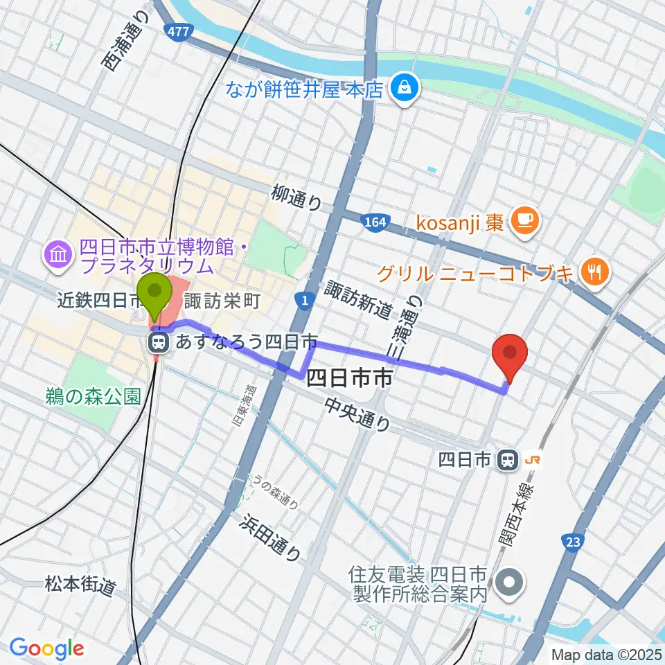 近鉄四日市駅からCTY-FMへのルートマップ地図