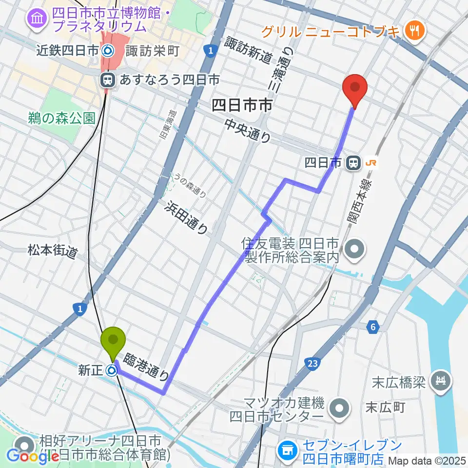 新正駅からCTY-FMへのルートマップ地図