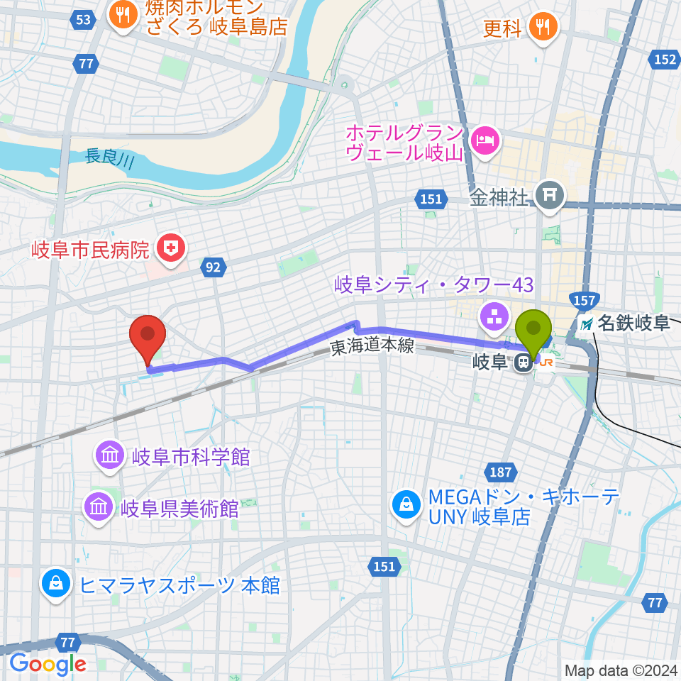 岐阜駅からFMわっちへのルートマップ地図