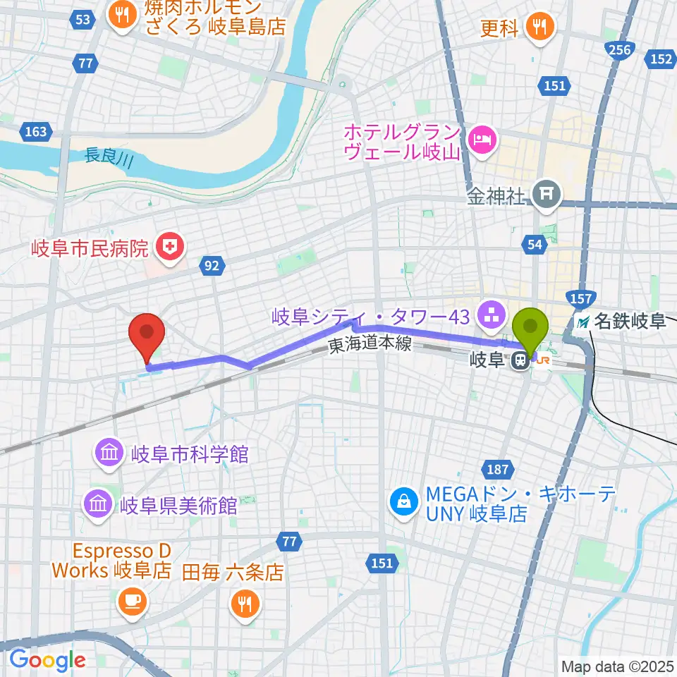 岐阜駅からFMわっちへのルートマップ地図