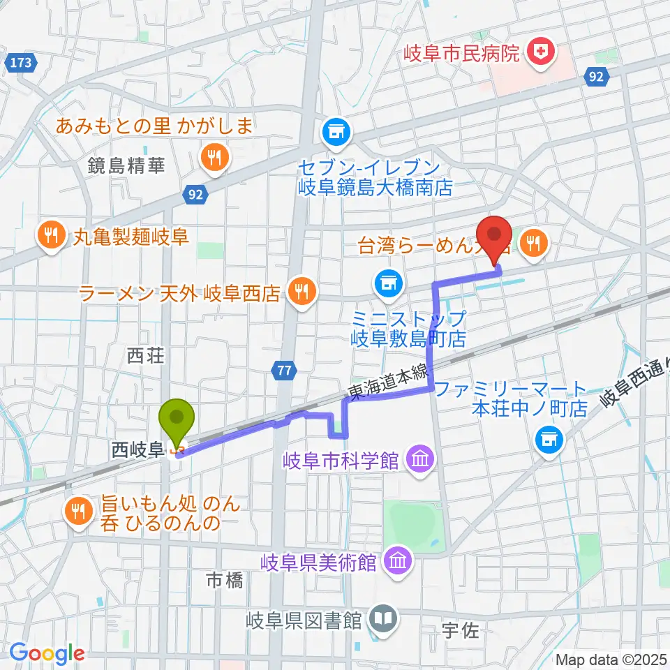 FMわっちの最寄駅西岐阜駅からの徒歩ルート（約17分）地図