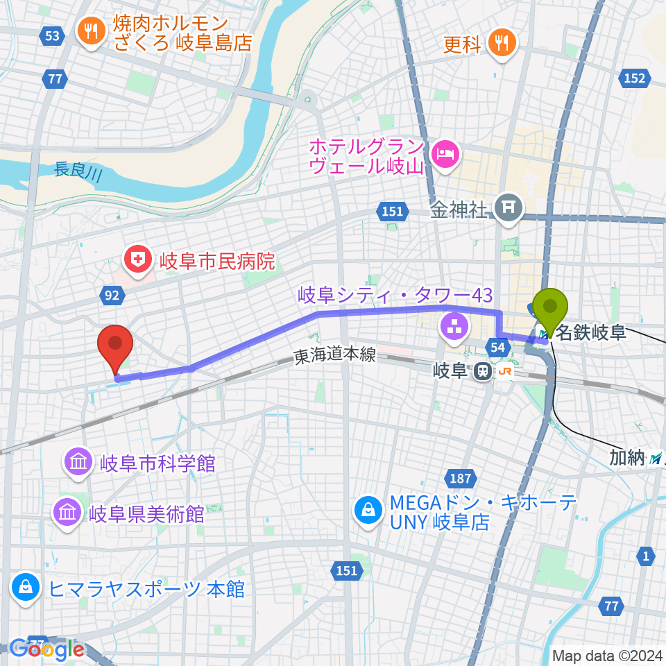 名鉄岐阜駅からFMわっちへのルートマップ地図