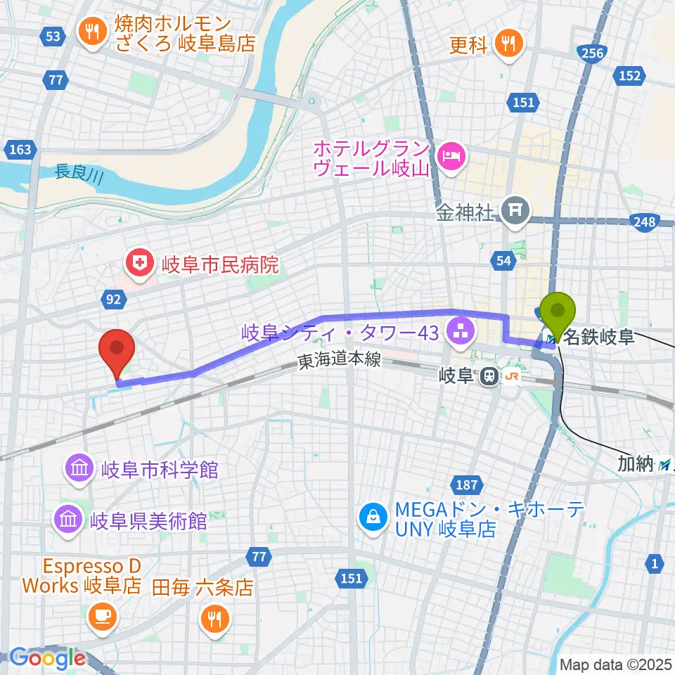 名鉄岐阜駅からFMわっちへのルートマップ地図