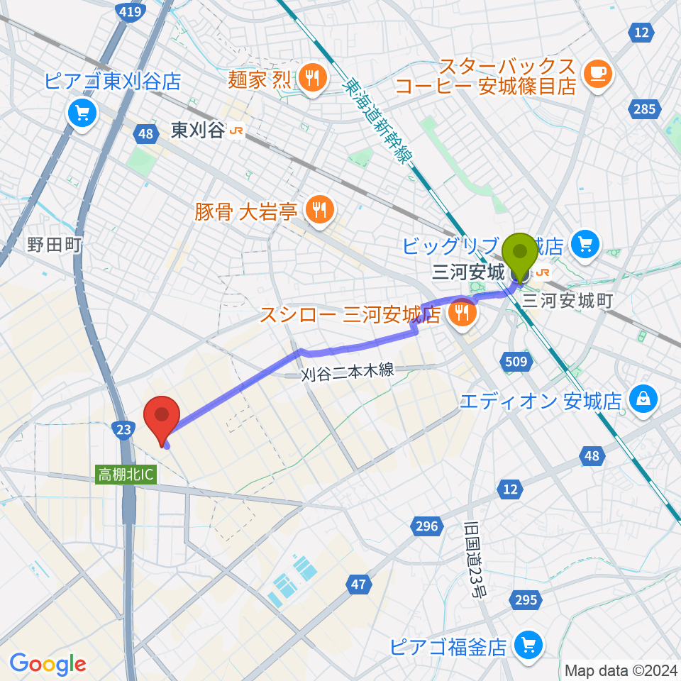 三河安城駅からPitch FMへのルートマップ地図