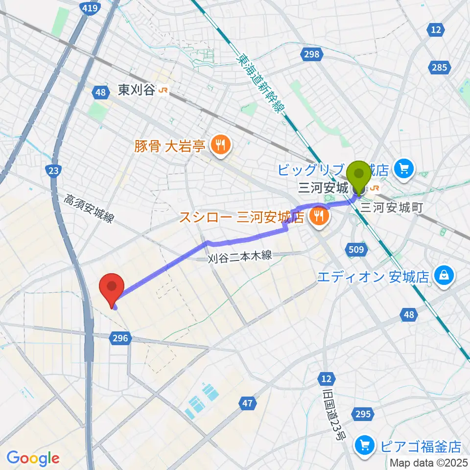 三河安城駅からPitch FMへのルートマップ地図
