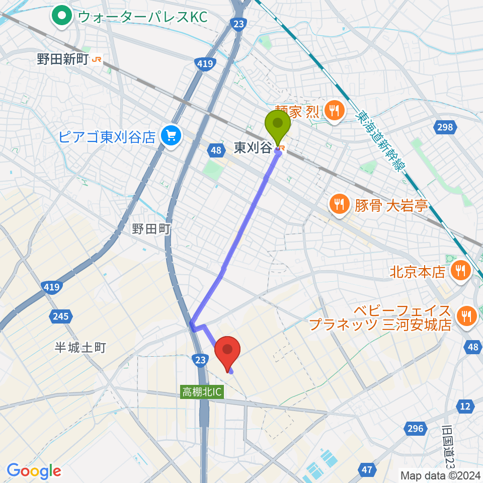 Pitch FMの最寄駅東刈谷駅からの徒歩ルート（約30分）地図