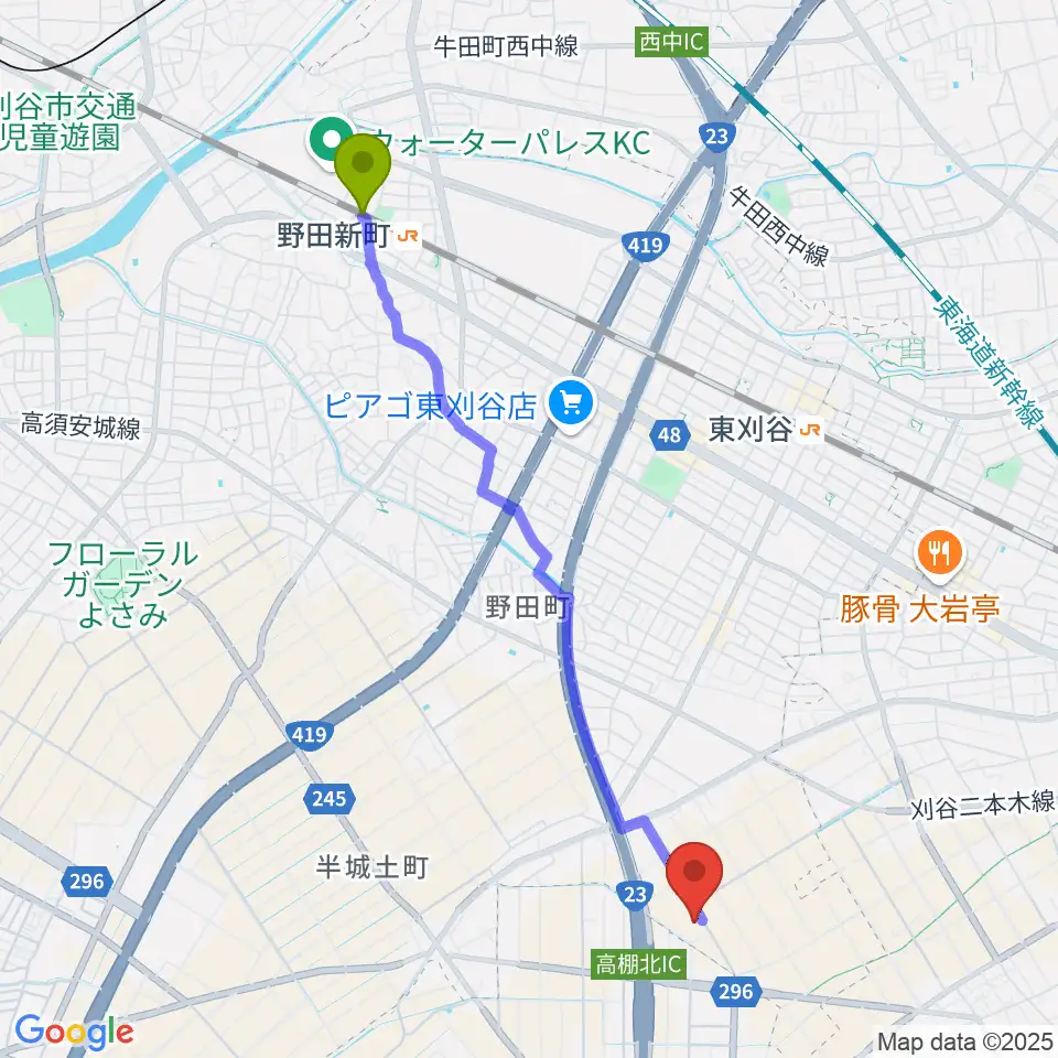 野田新町駅からPitch FMへのルートマップ地図