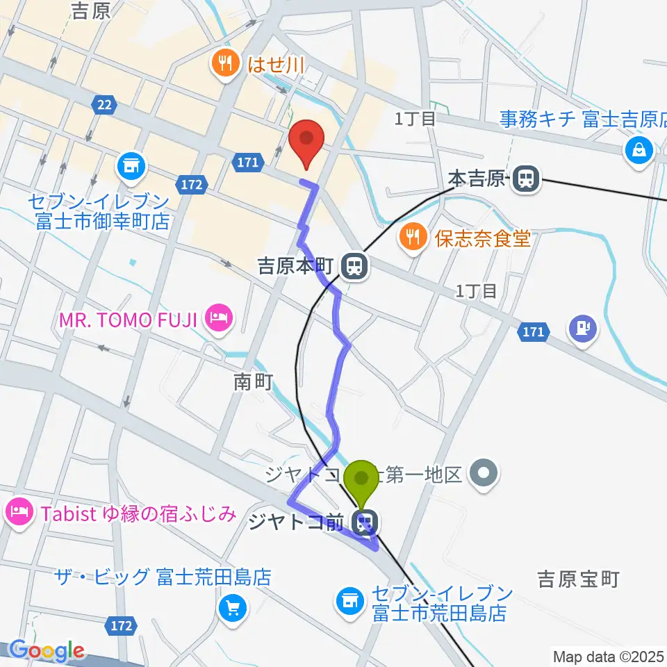 ジヤトコ前（ジヤトコ１地区前）駅からラジオエフ Radio-fへのルートマップ地図