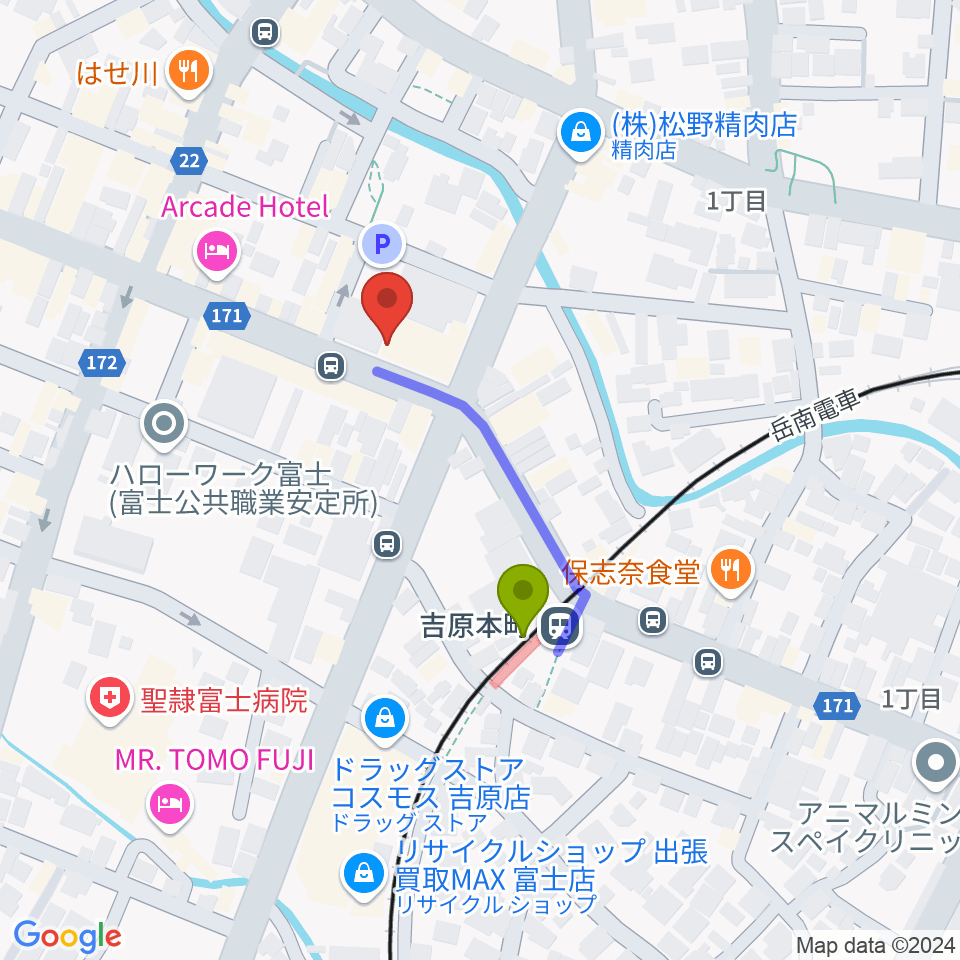 Radio-f（ラジオエフ）の最寄駅吉原本町駅からの徒歩ルート（約3分）地図