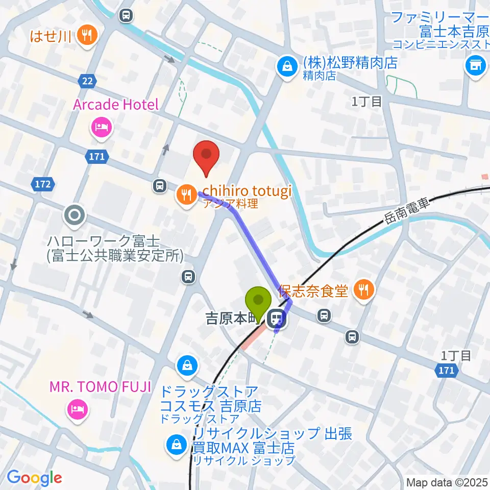 ラジオエフ Radio-fの最寄駅吉原本町駅からの徒歩ルート（約2分）地図