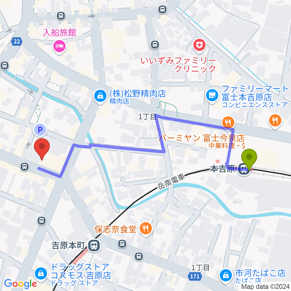 本吉原駅からRadio-f（ラジオエフ）へのルートマップ地図