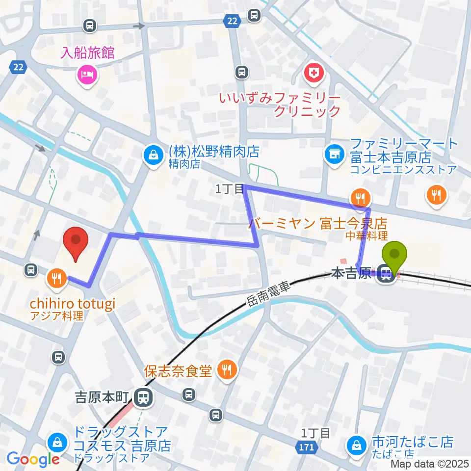 本吉原駅からラジオエフ Radio-fへのルートマップ地図