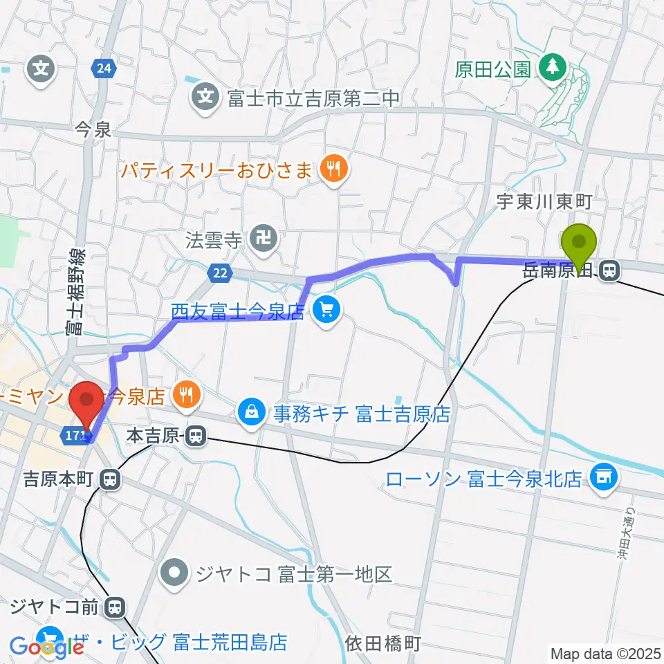岳南原田駅からラジオエフ Radio-fへのルートマップ地図