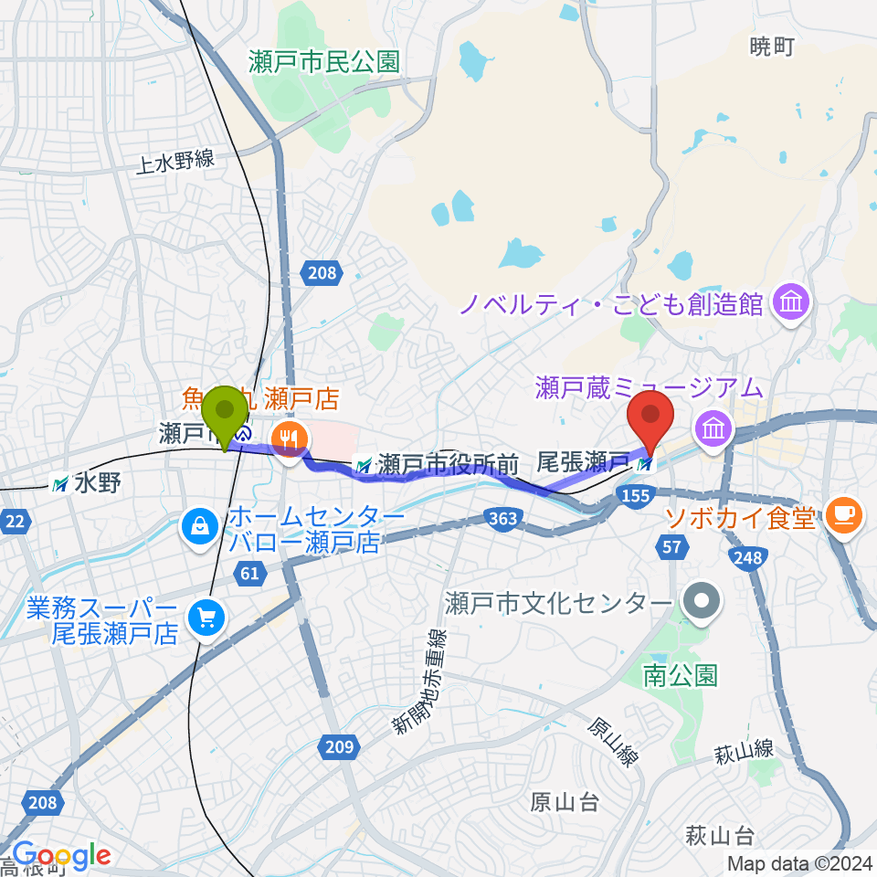 新瀬戸駅からラジオサンキュー（RADIO SANQ）へのルートマップ地図