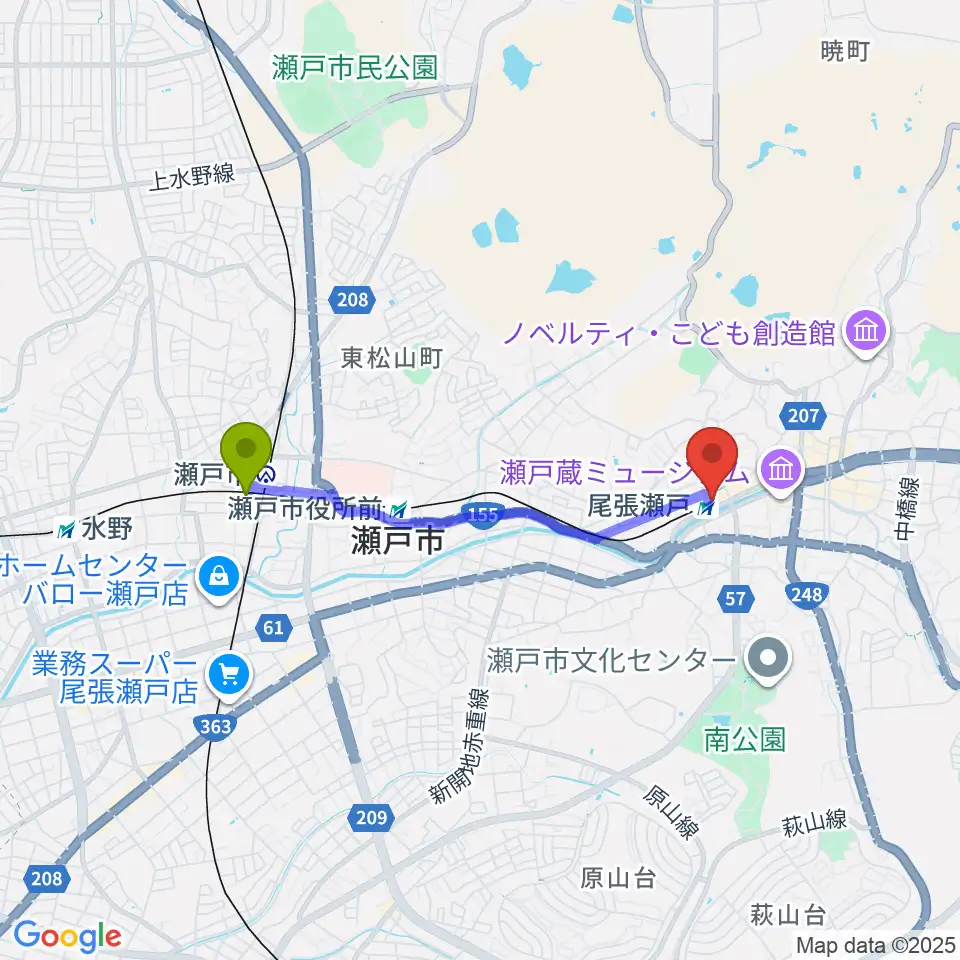 新瀬戸駅からラジオサンキュー（RADIO SANQ）へのルートマップ地図