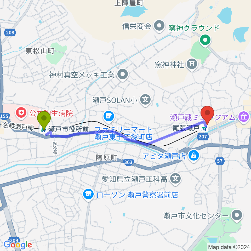 瀬戸市役所前駅からラジオサンキュー（RADIO SANQ）へのルートマップ地図