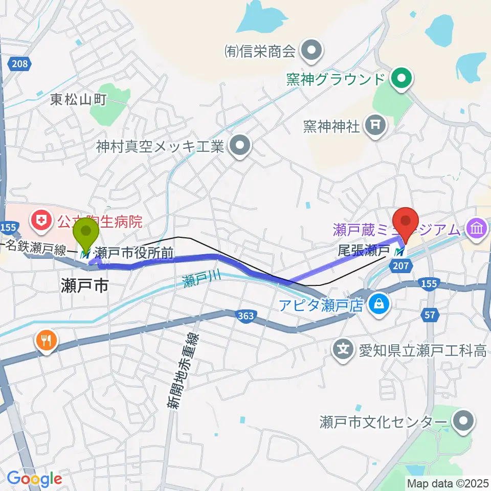 瀬戸市役所前駅からラジオサンキュー（RADIO SANQ）へのルートマップ地図