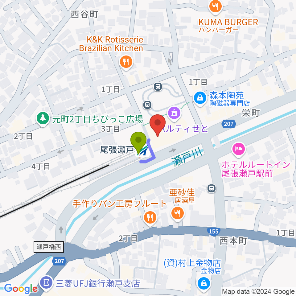 ラジオサンキュー（RADIO SANQ）の最寄駅尾張瀬戸駅からの徒歩ルート（約1分）地図