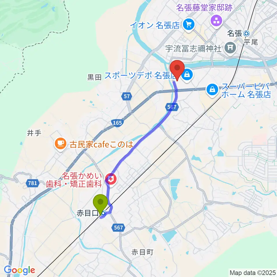 赤目口駅からads.FMへのルートマップ地図