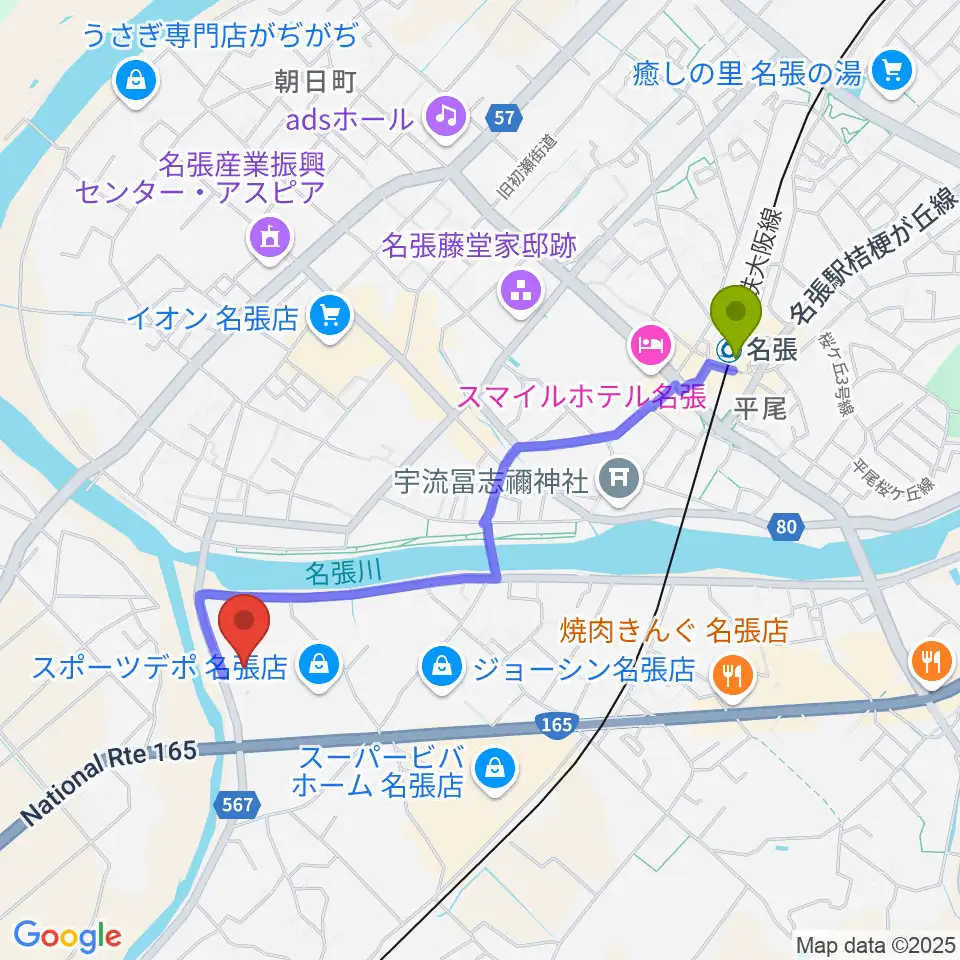 ads.FMの最寄駅名張駅からの徒歩ルート（約19分）地図