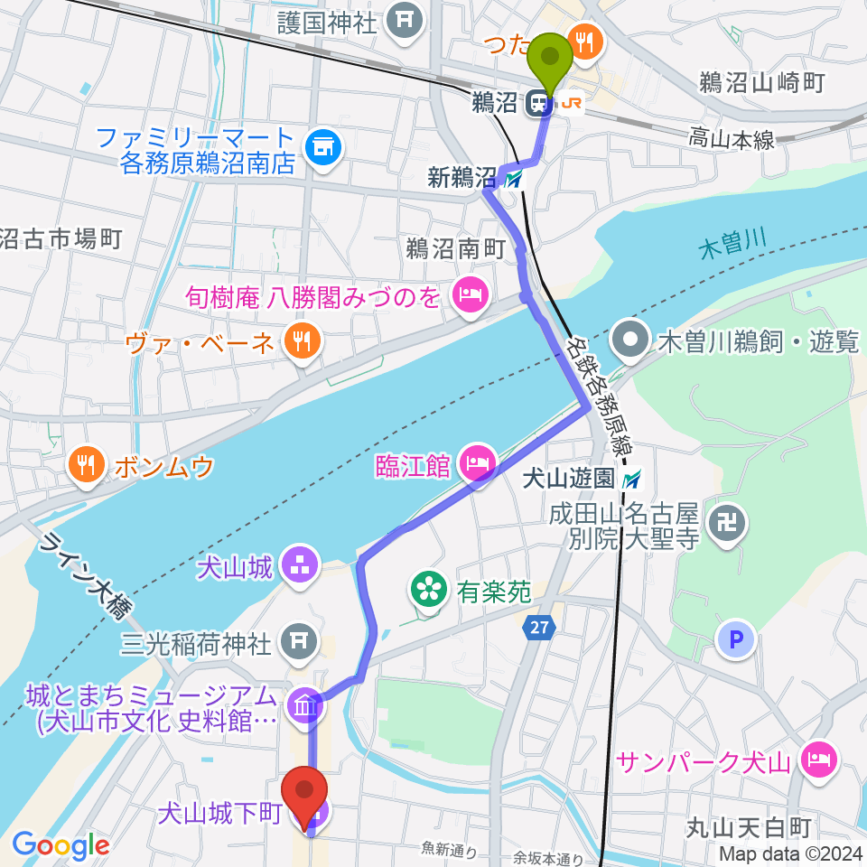 鵜沼駅から愛知北エフエム United North 84.2へのルートマップ地図