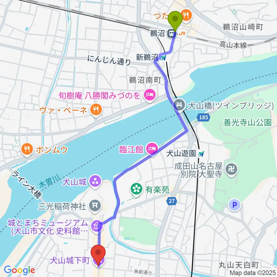 鵜沼駅から愛知北エフエム放送へのルートマップ地図