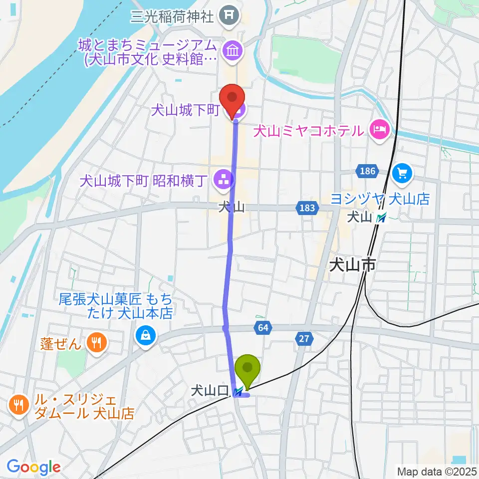 犬山口駅から愛知北エフエム United North 84.2へのルートマップ地図