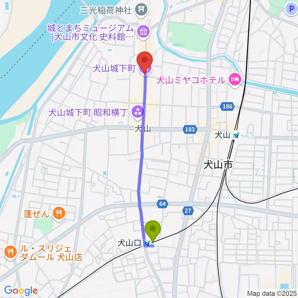 犬山口駅から愛知北エフエム放送へのルートマップ地図